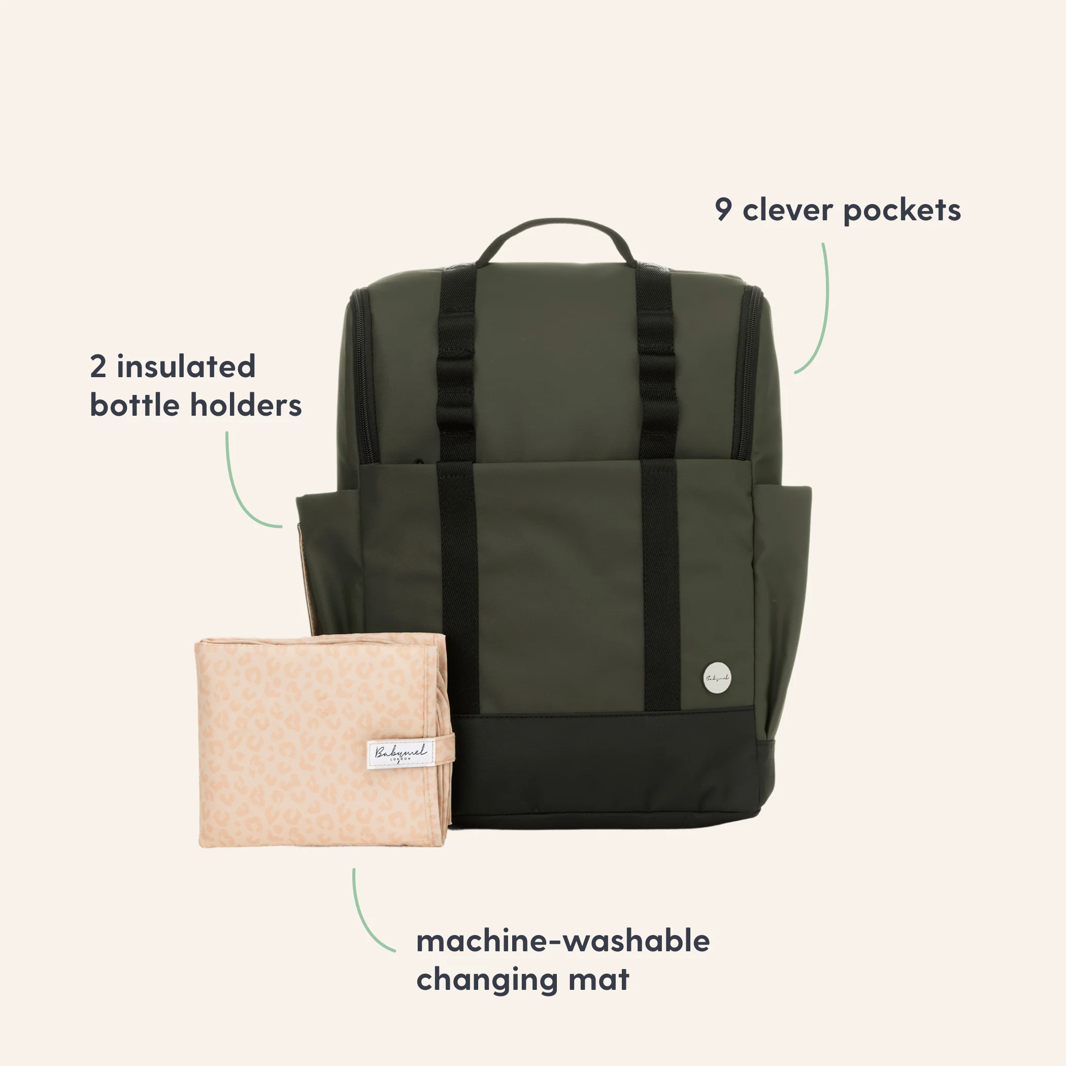 Babymel Finn Changing Backpack - Olive - Image 3