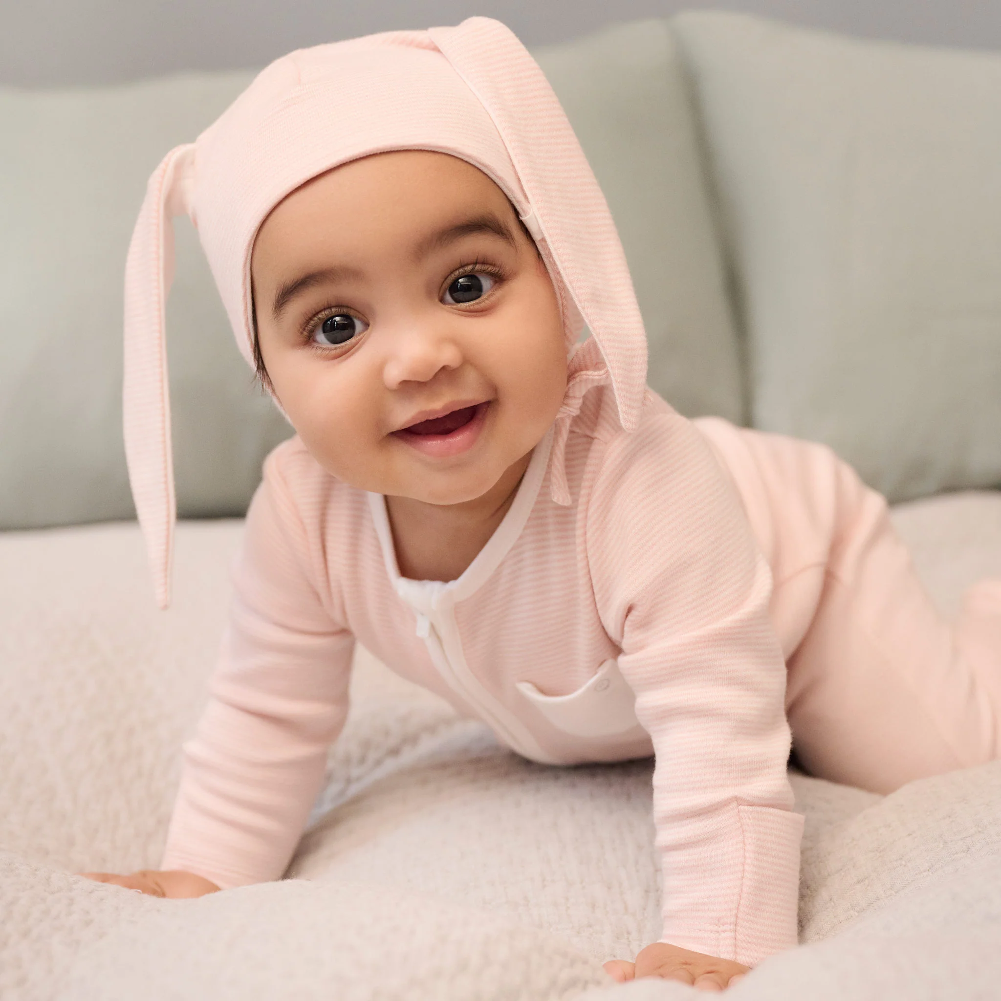 Blush Stripe Clever Zip Sleepsuit & Bunny Bonnet Set