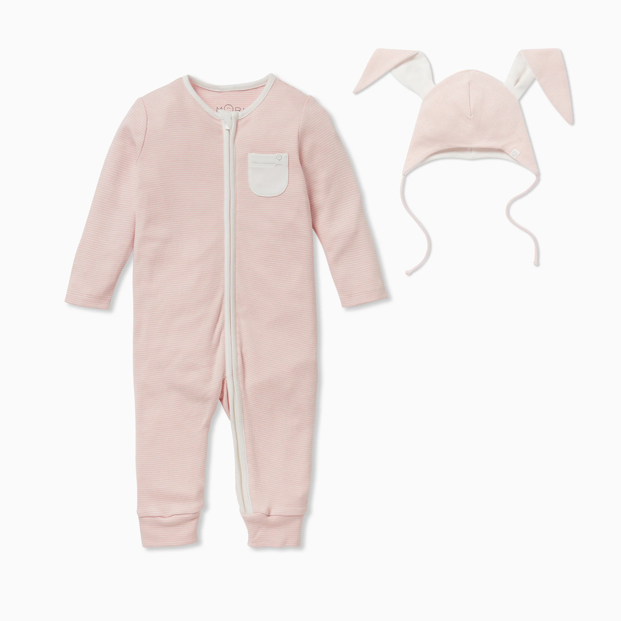 Blush Stripe Clever Zip Sleepsuit & Bunny Bonnet Set - Image 3