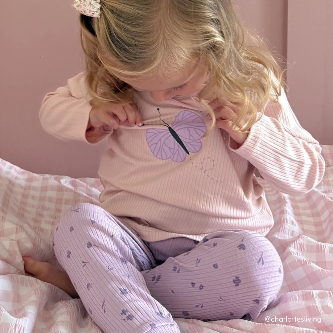 Butterfly Ribbed Long Sleeve Top & Lilac Floral Ribbed Leggings Outfit