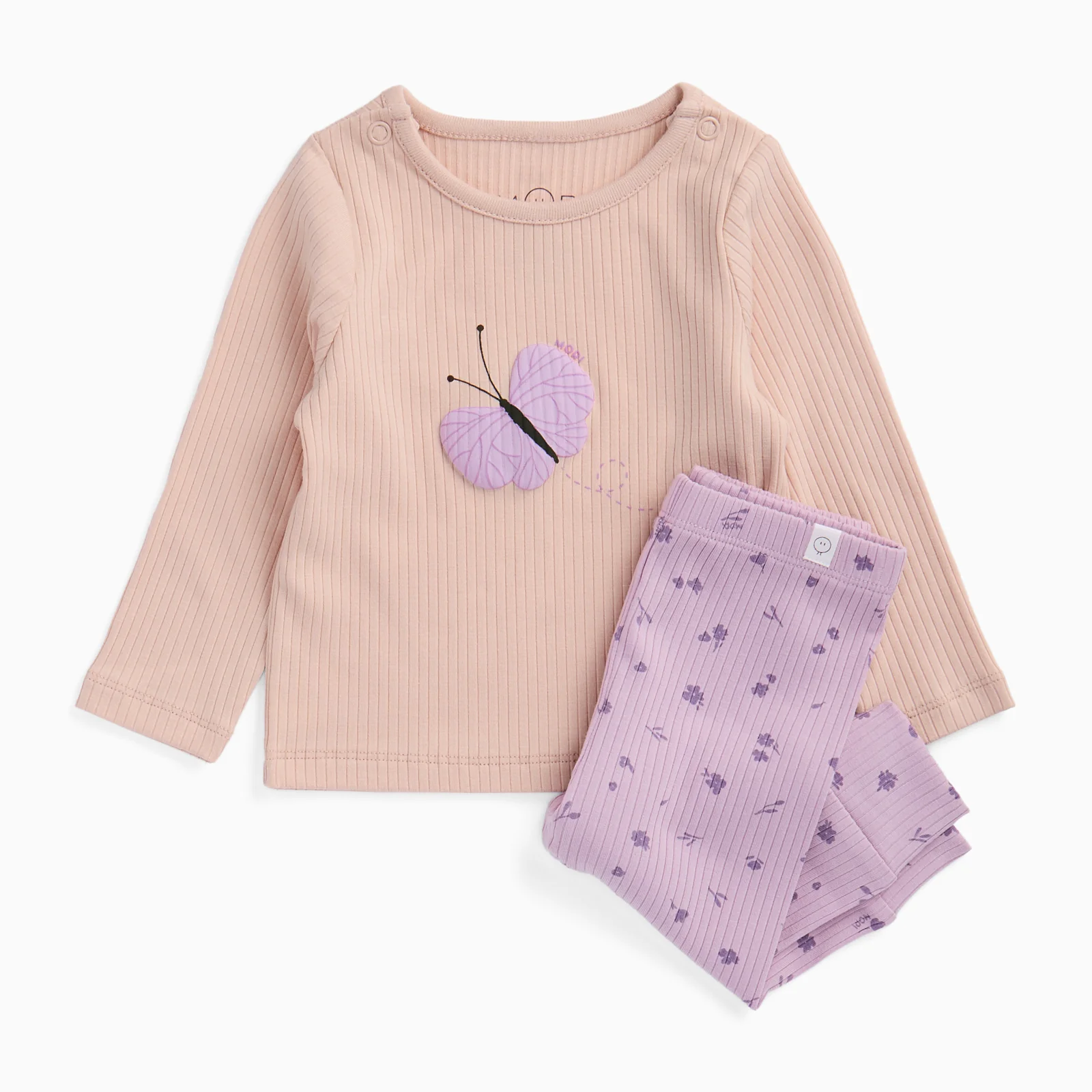 Butterfly Ribbed Long Sleeve Top & Lilac Floral Ribbed Leggings Outfit - Image 2