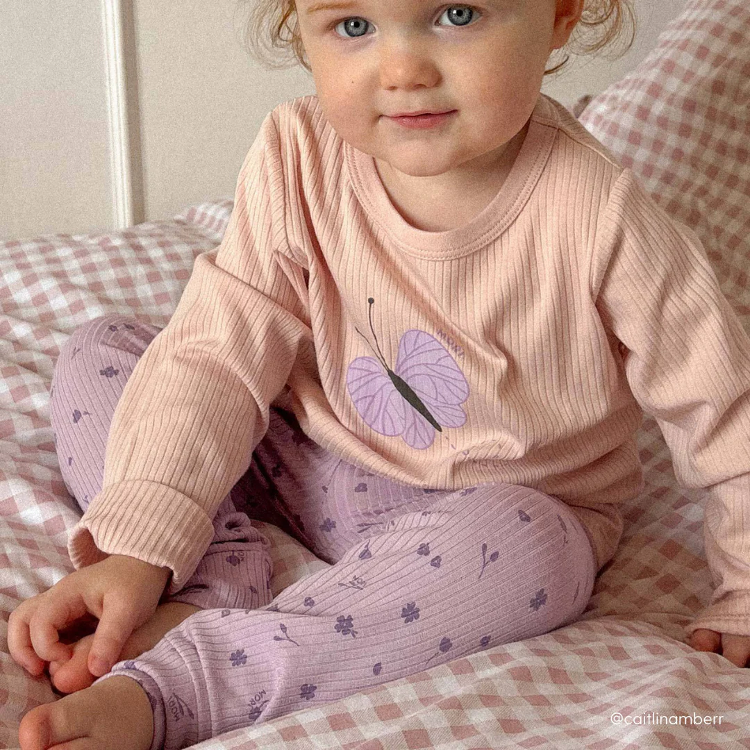 Butterfly Ribbed Long Sleeve Top & Lilac Floral Ribbed Leggings Outfit - Image 3