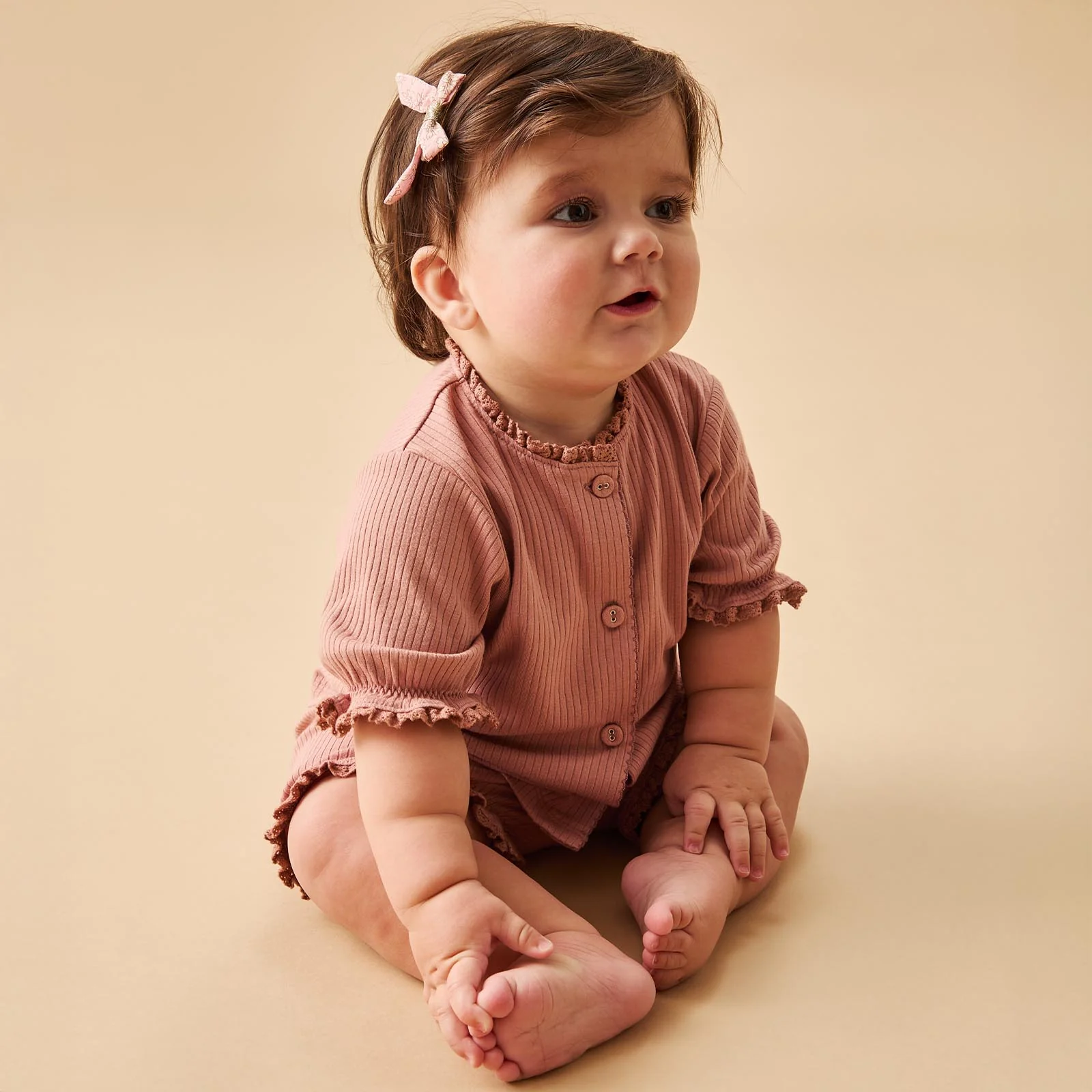 Frilled Ribbed Cardigan & Shorts Outfit - Image 2