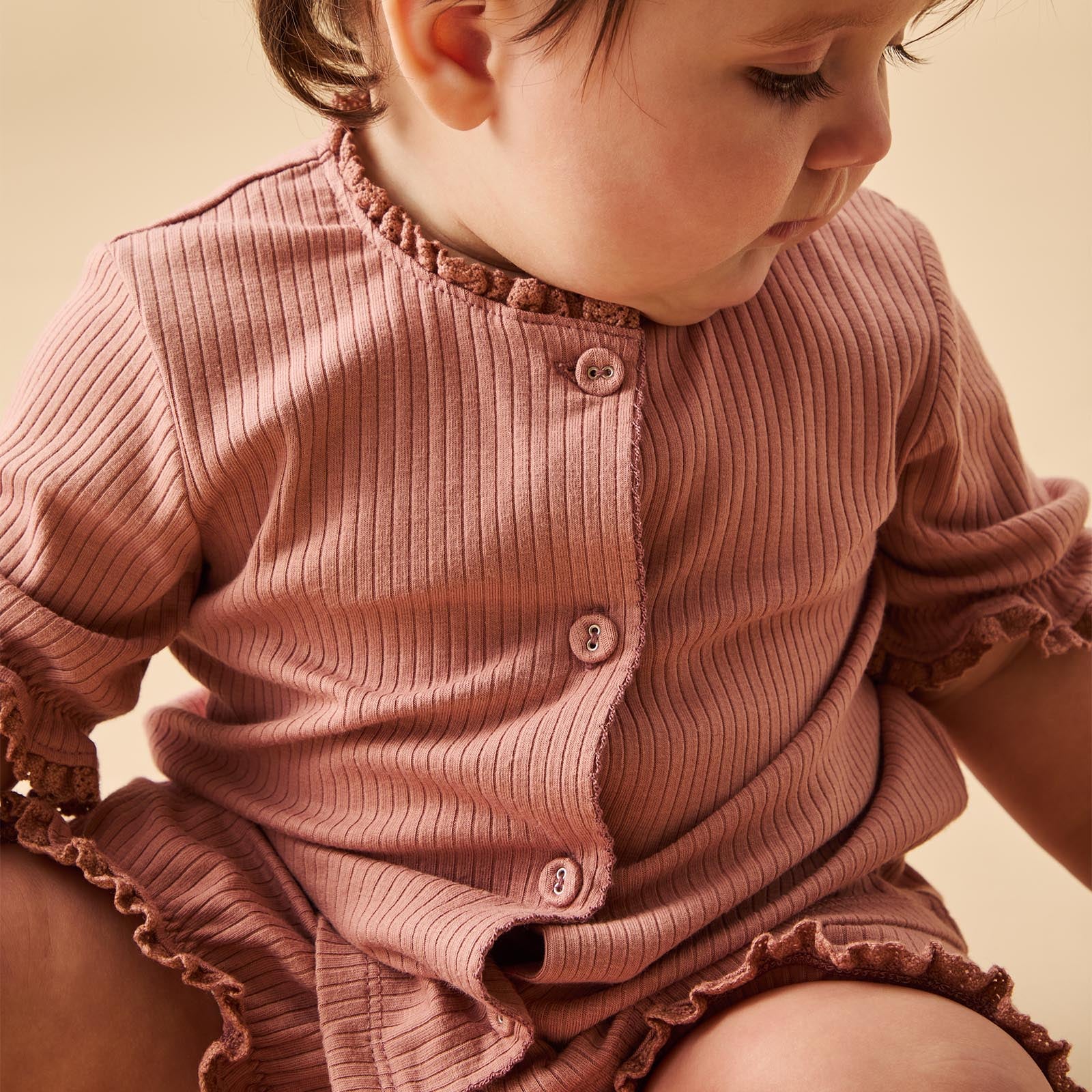 Frilled Ribbed Cardigan & Shorts Outfit - Image 3