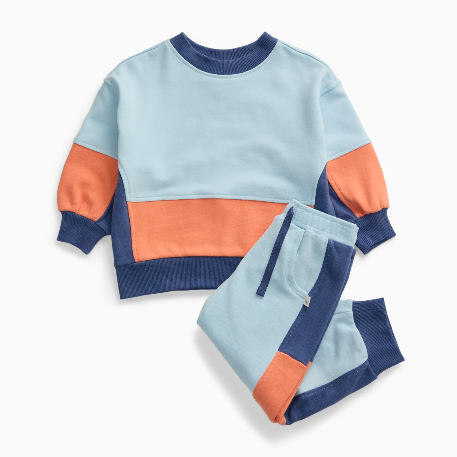 KIDLY by MORI Colourblock Sweatshirt & Joggers Outfit - Blue & Orange - Image 3