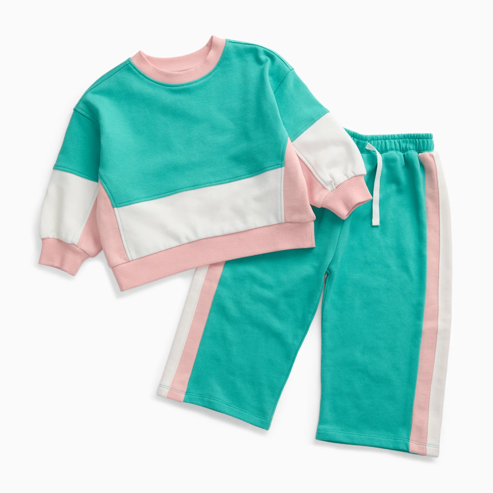 KIDLY by MORI Colourblock Sweatshirt & Wide Leg Joggers Outfit - Green & Pink - Image 2