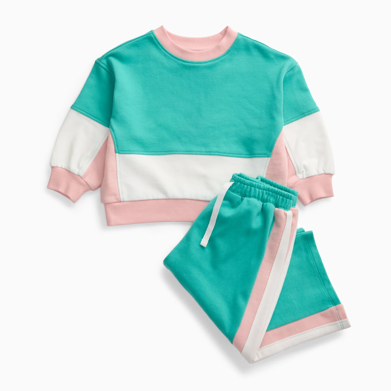 KIDLY by MORI Colourblock Sweatshirt & Wide Leg Joggers Outfit - Green & Pink - Image 3
