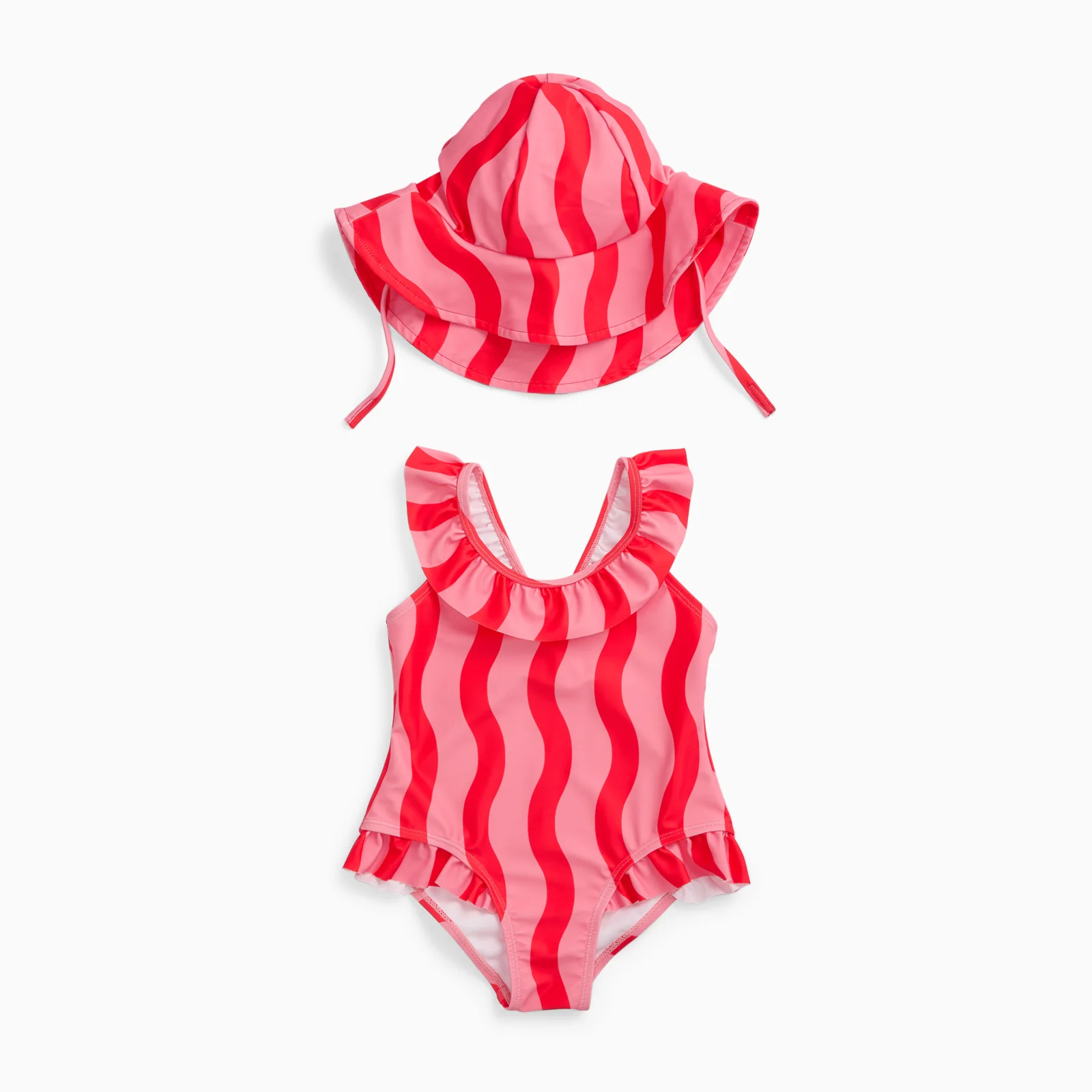 KIDLY by MORI Frill Neck Swimsuit & Floppy Hat - Pink Wavy Stripe - Image 2