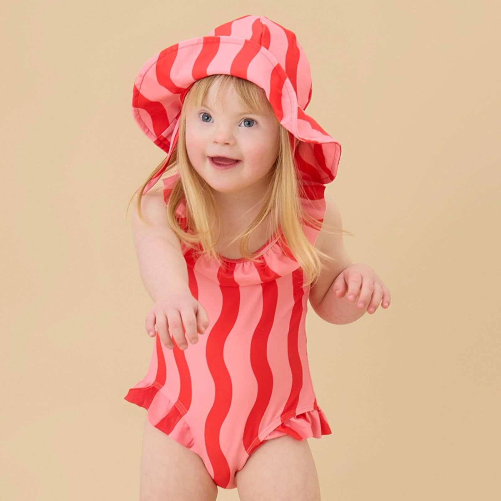 KIDLY by MORI Frill Neck Swimsuit - Pink Wavy Stripe