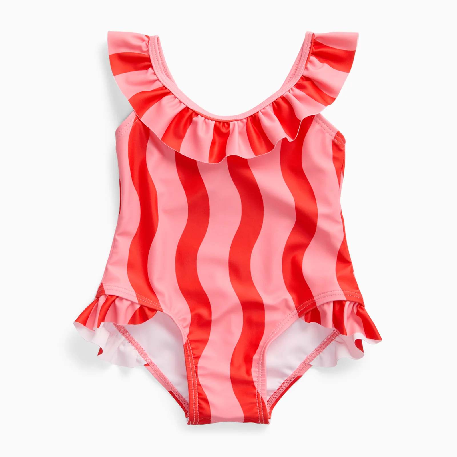 KIDLY by MORI Frill Neck Swimsuit - Pink Wavy Stripe - Image 2
