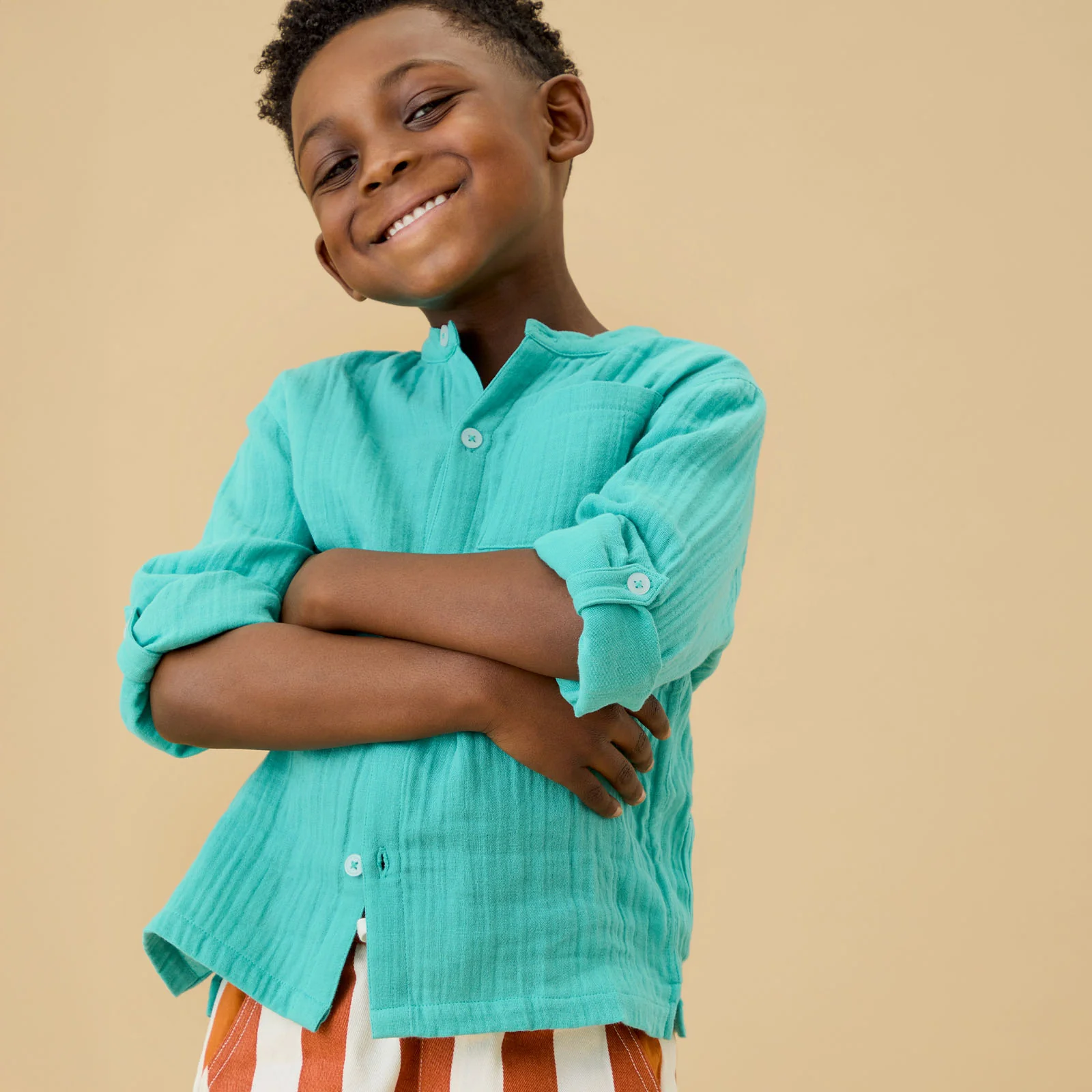 KIDLY by MORI Green Collarless Muslin Shirt