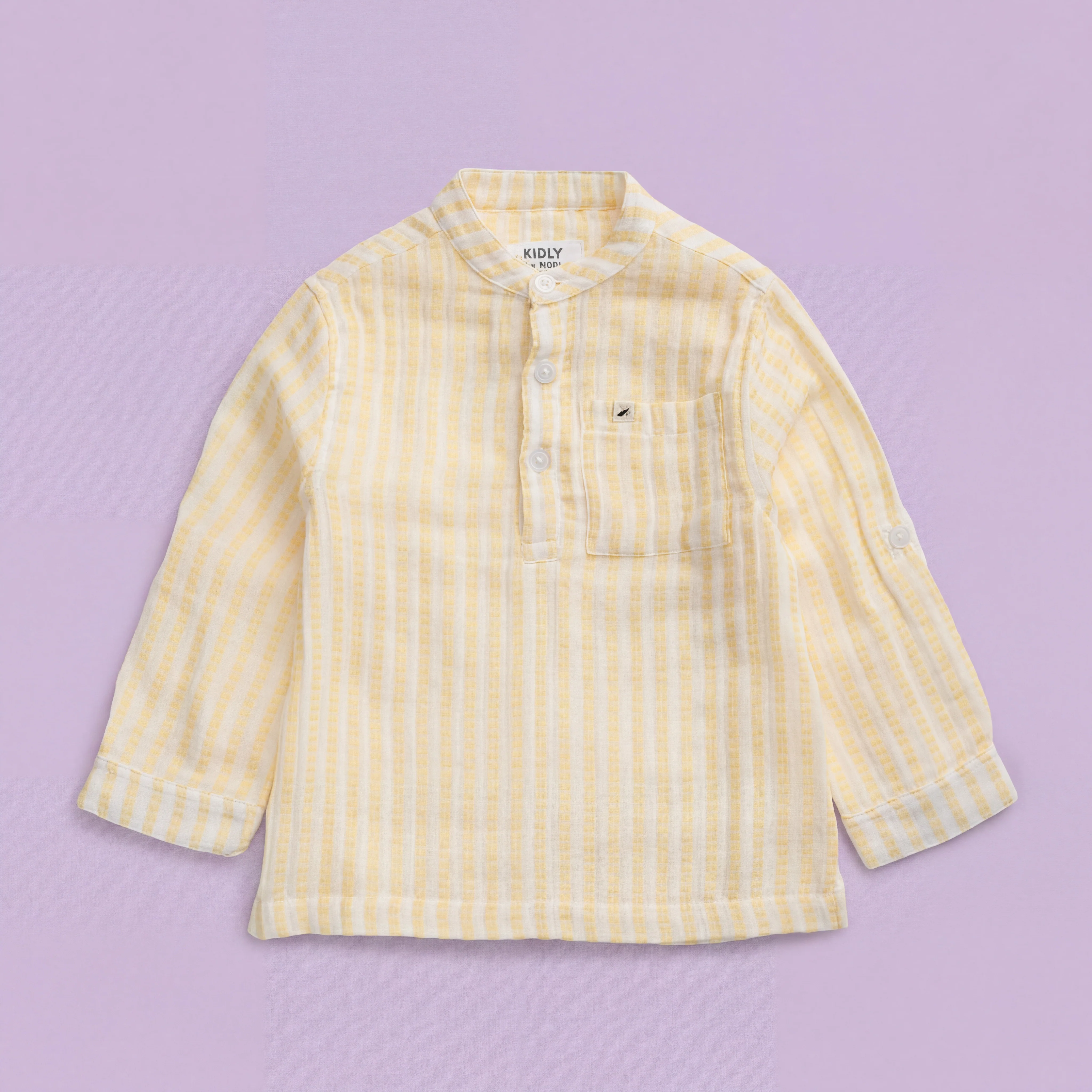 KIDLY by MORI Mustard Striped Collarless Muslin Shirt - Image 2