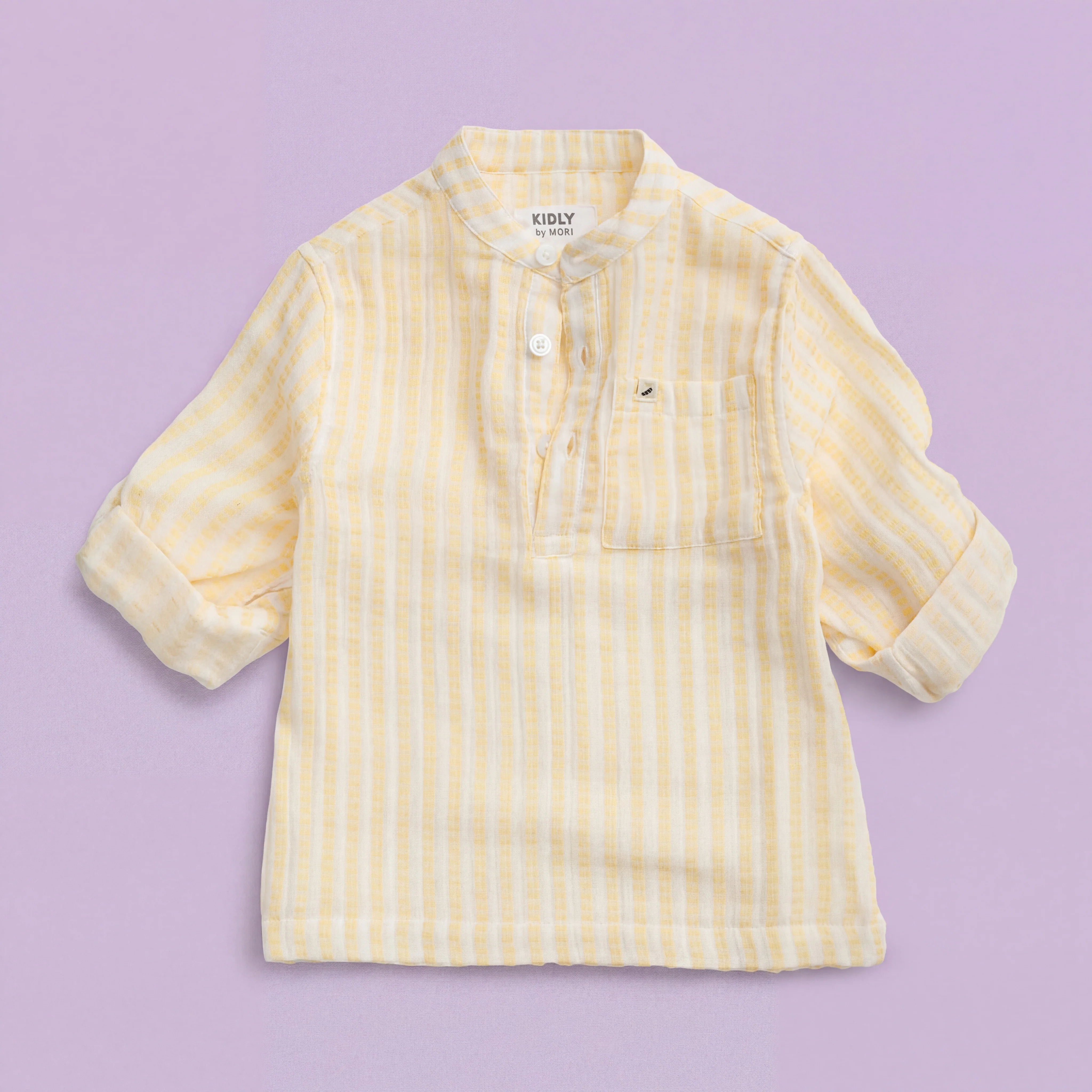 KIDLY by MORI Mustard Striped Collarless Muslin Shirt - Image 3