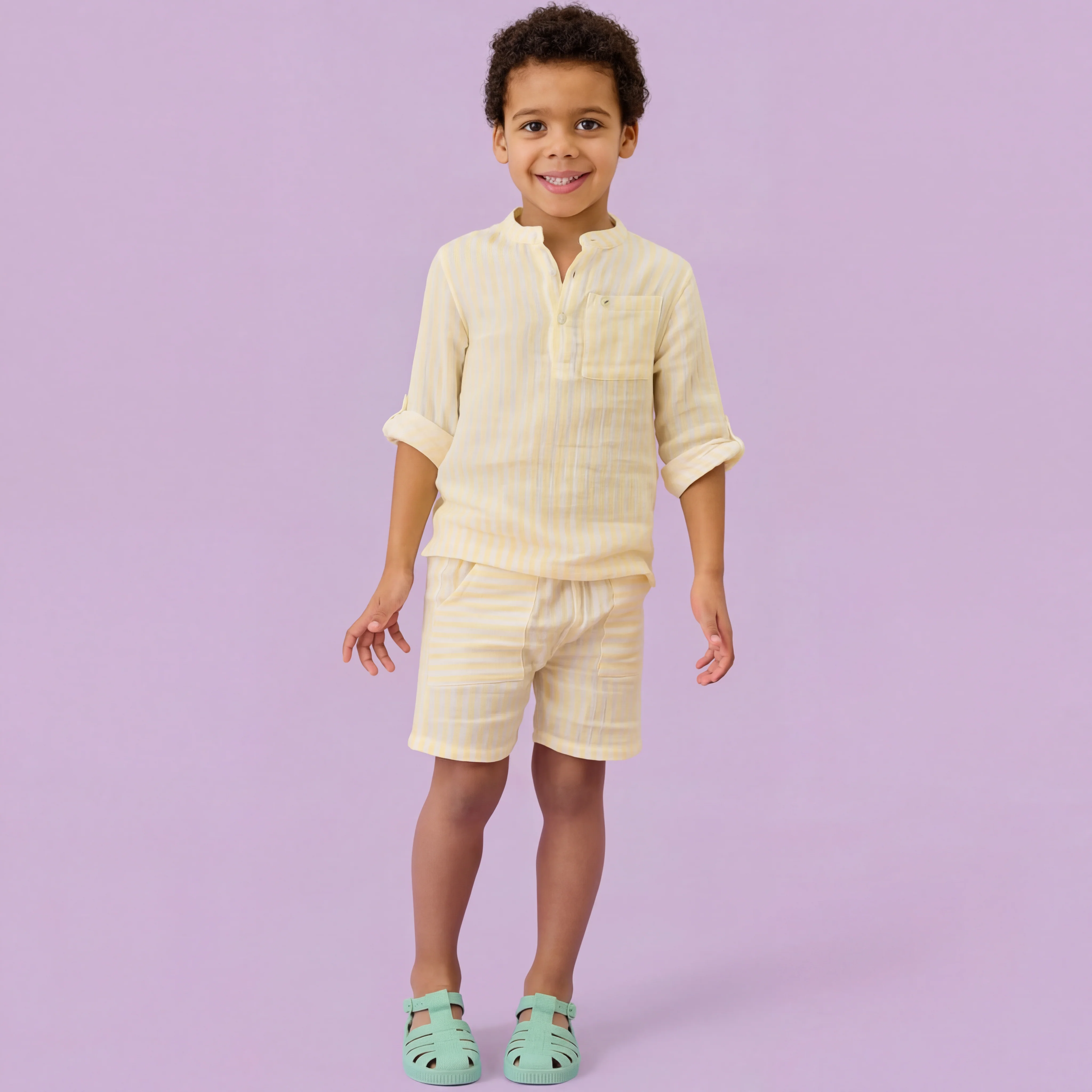 KIDLY by MORI Mustard Striped Collarless Muslin Shirt & Shorts Outfit