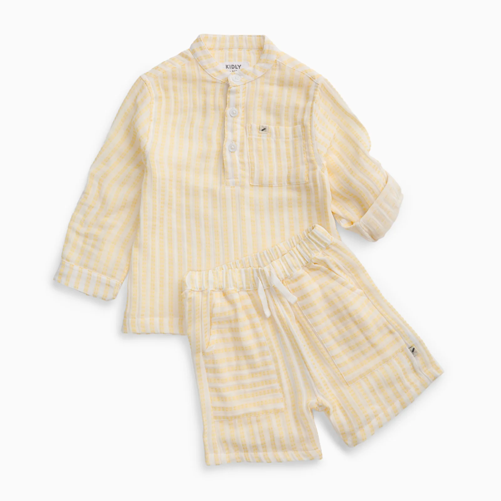 KIDLY by MORI Mustard Striped Collarless Muslin Shirt & Shorts Outfit - Image 2