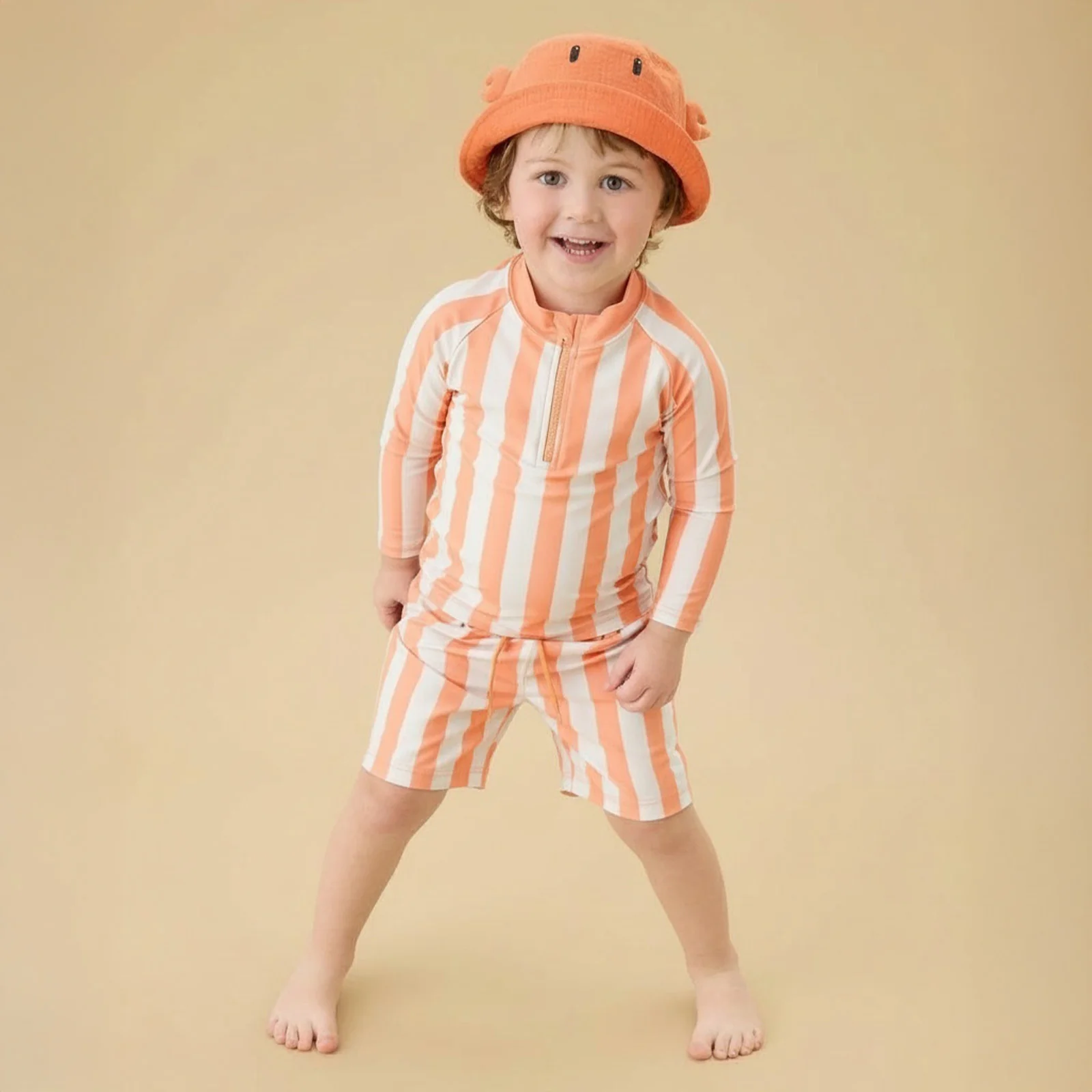KIDLY by MORI Rash Vest & Swim Shorts - Orange Stripe - Image 2