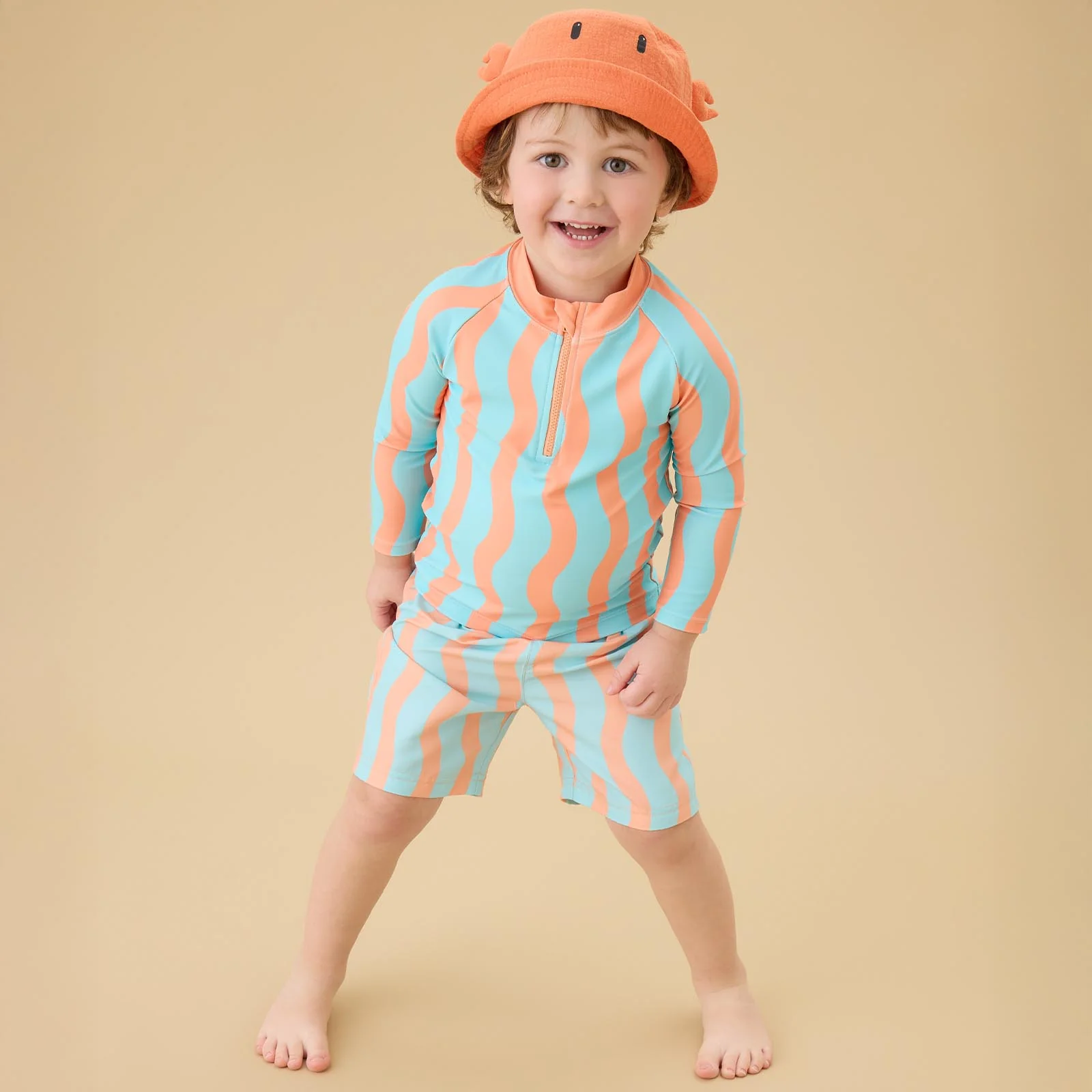KIDLY by MORI Rash Vest & Swim Shorts - Orange Wavy Stripe