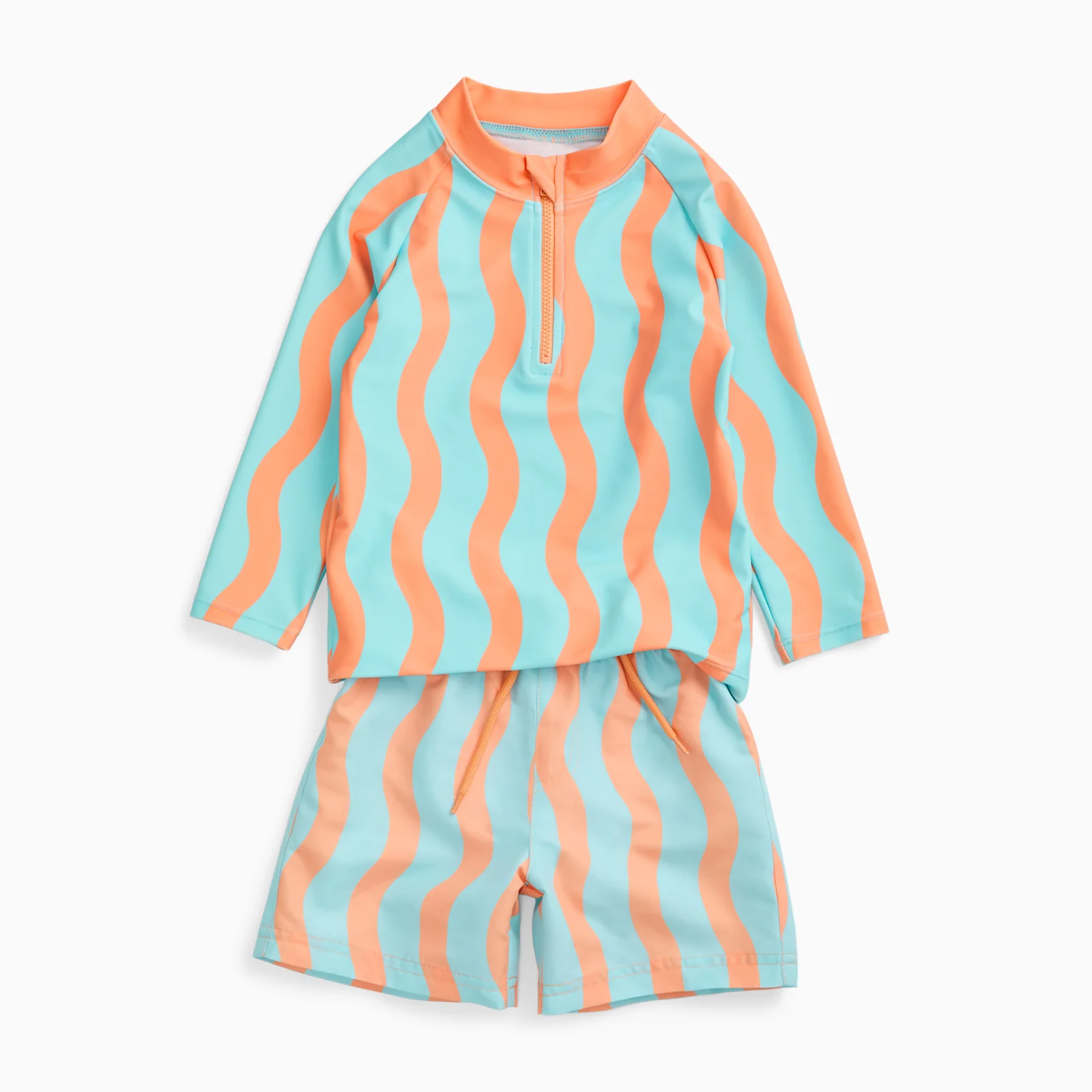 KIDLY by MORI Rash Vest & Swim Shorts - Orange Wavy Stripe - Image 2