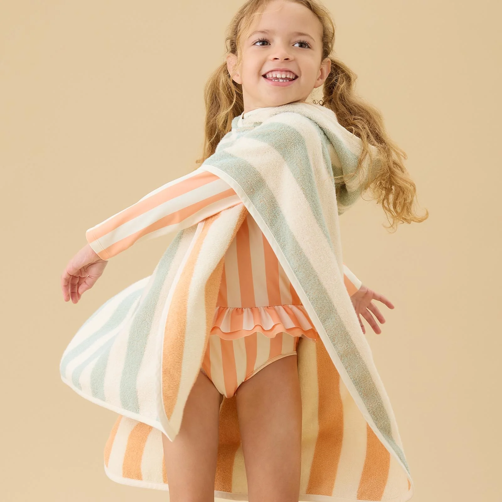 KIDLY by MORI Towelling Hooded Poncho - Orange Stripe - Image 4