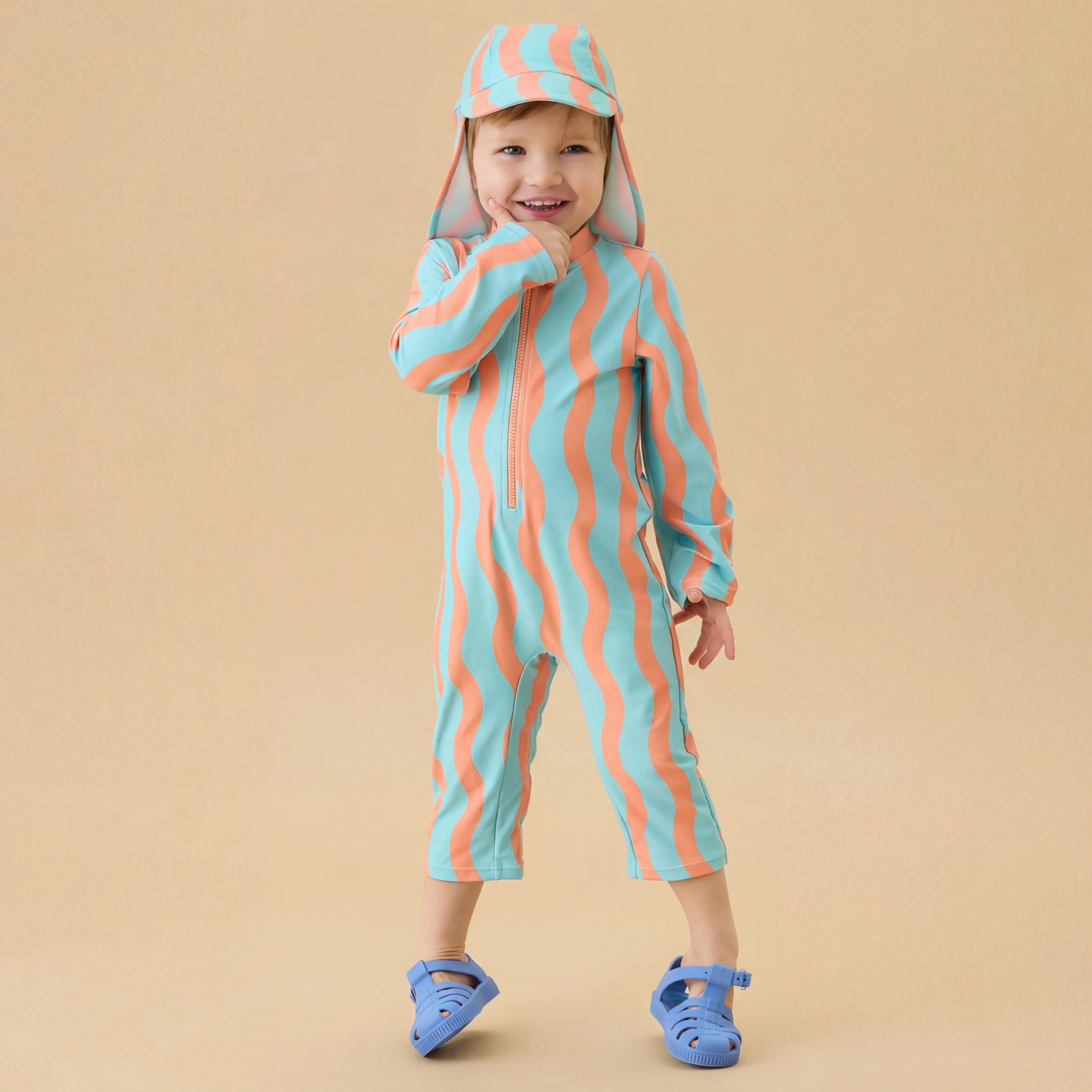 KIDLY by MORI Sunsafe Swimsuit & Hat - Orange Wavy Stripe