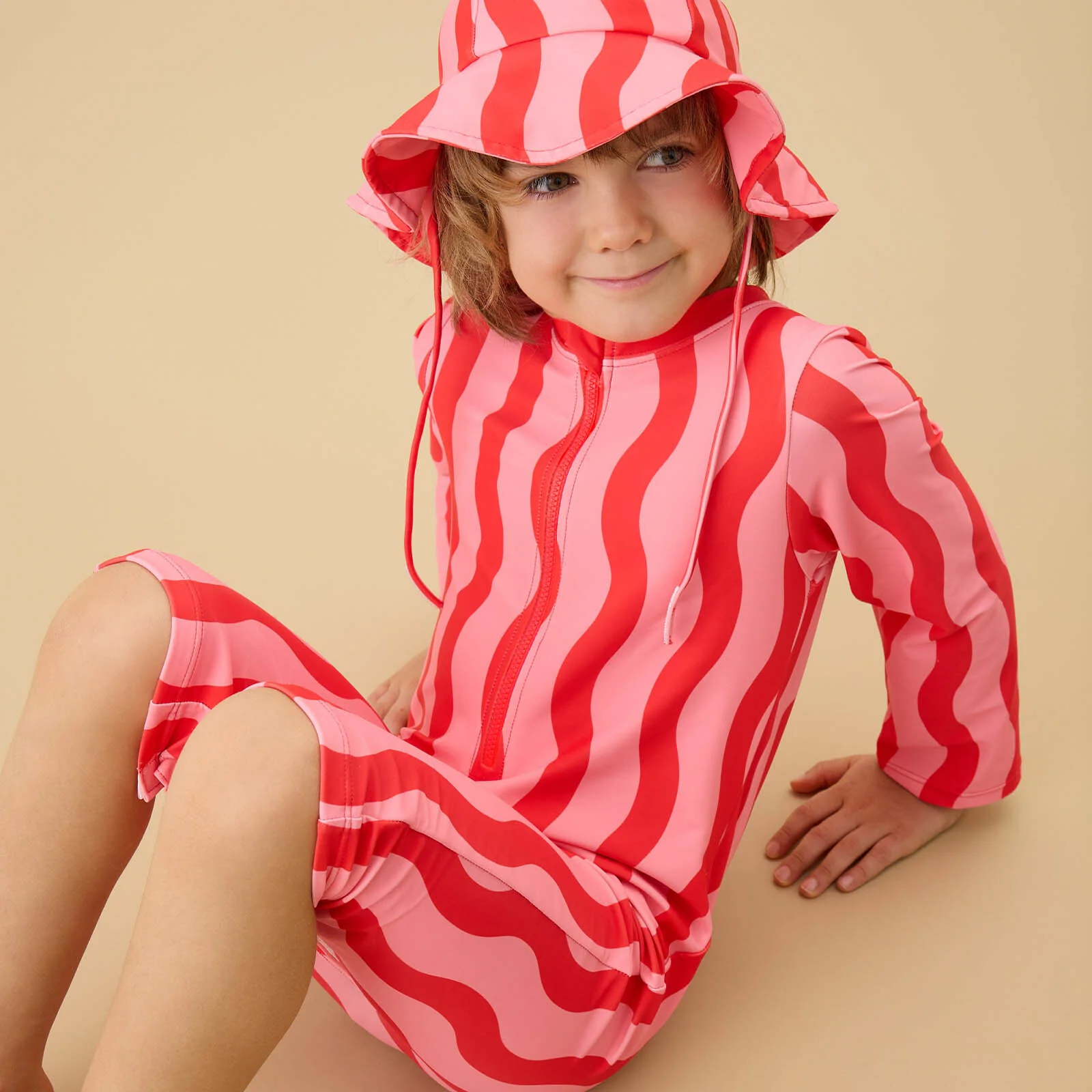 KIDLY by MORI Sunsafe Swimsuit - Pink Wavy Stripe