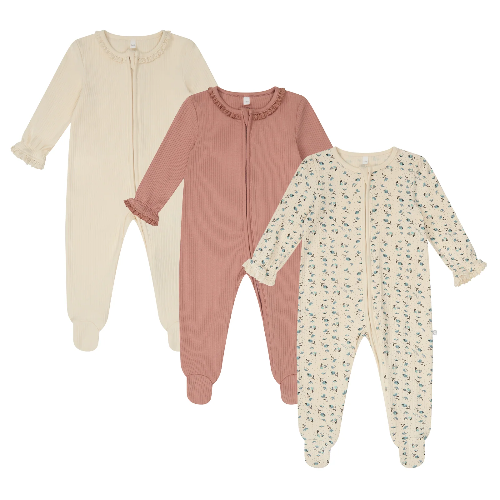 Lace Trim & Floral Ribbed Clever Zip Sleepsuit 3 Pack