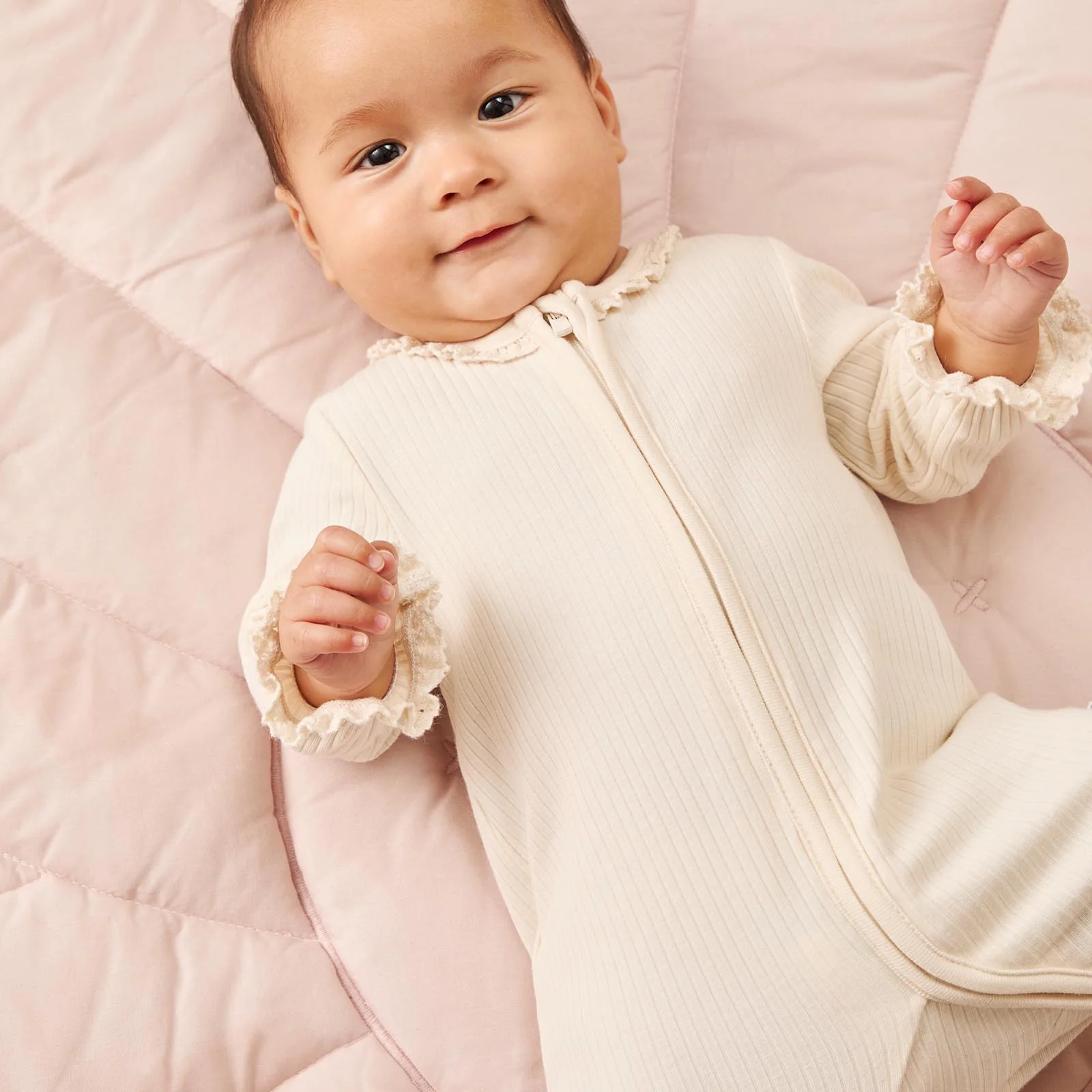 Lace Trim Ribbed Clever Zip Sleepsuit - Cream