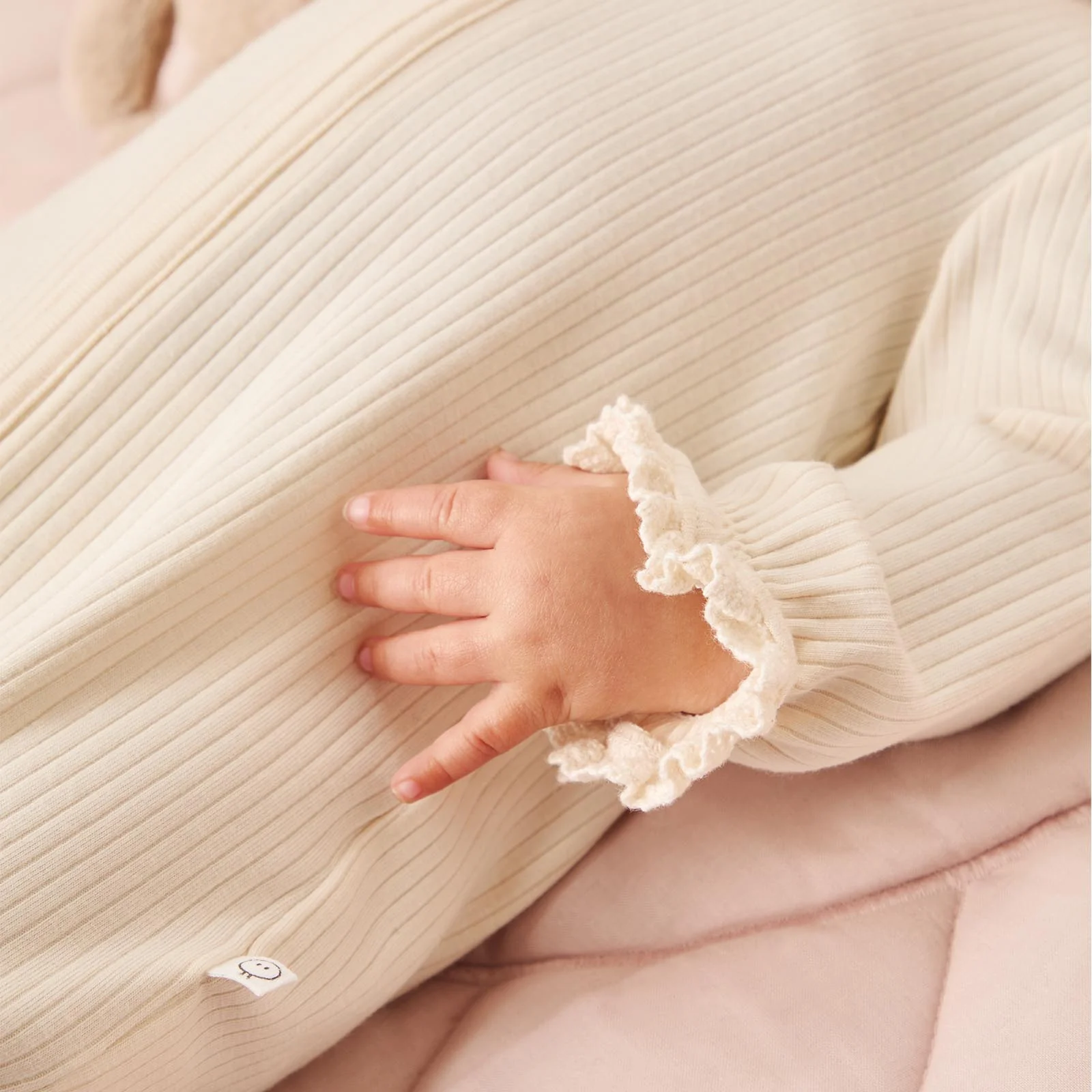 Lace Trim Ribbed Clever Zip Sleepsuit - Cream - Image 2