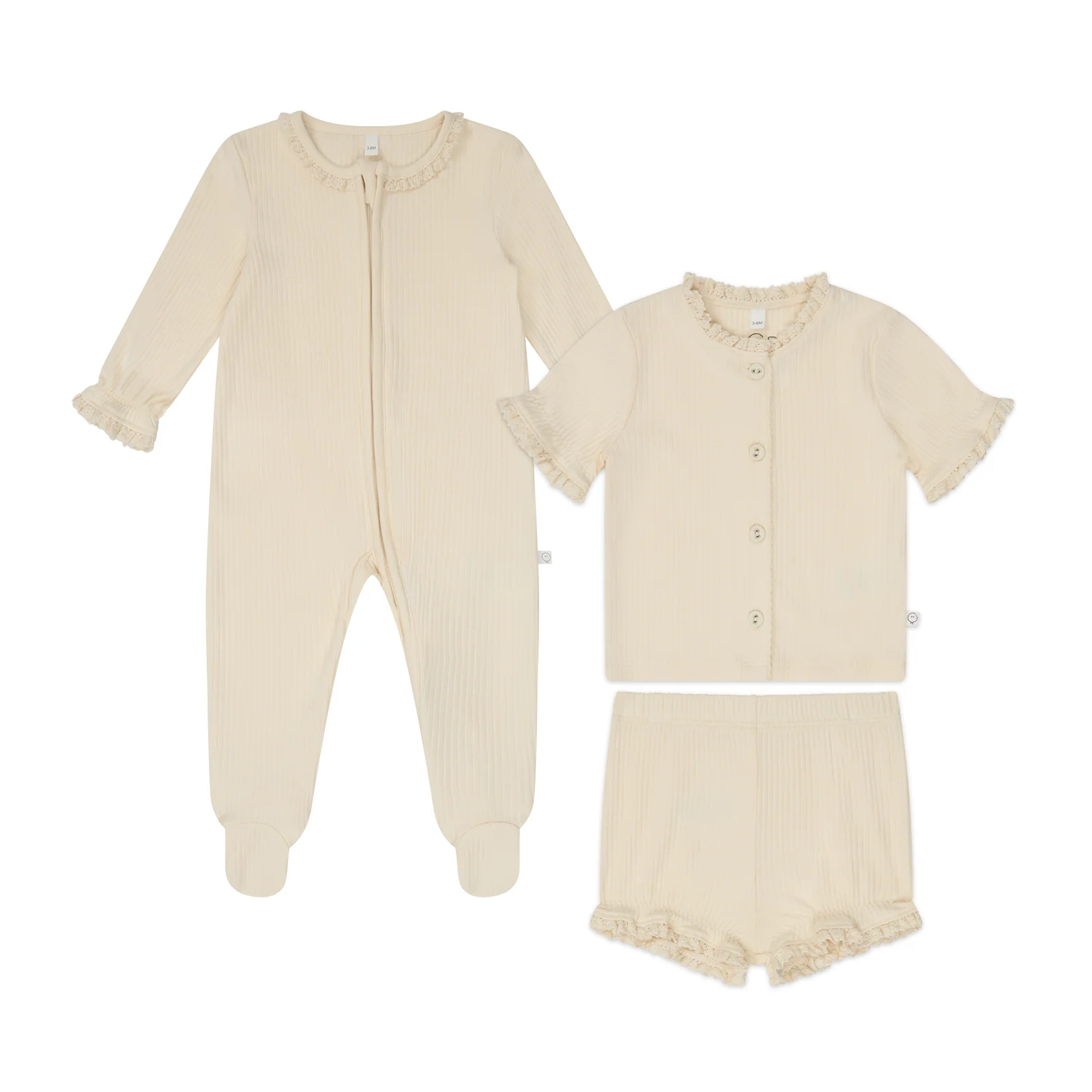 Lace Trim Ribbed Clever Zip Sleepsuit & Frilled Ribbed Cardigan and Shorts Outfit - Image 2