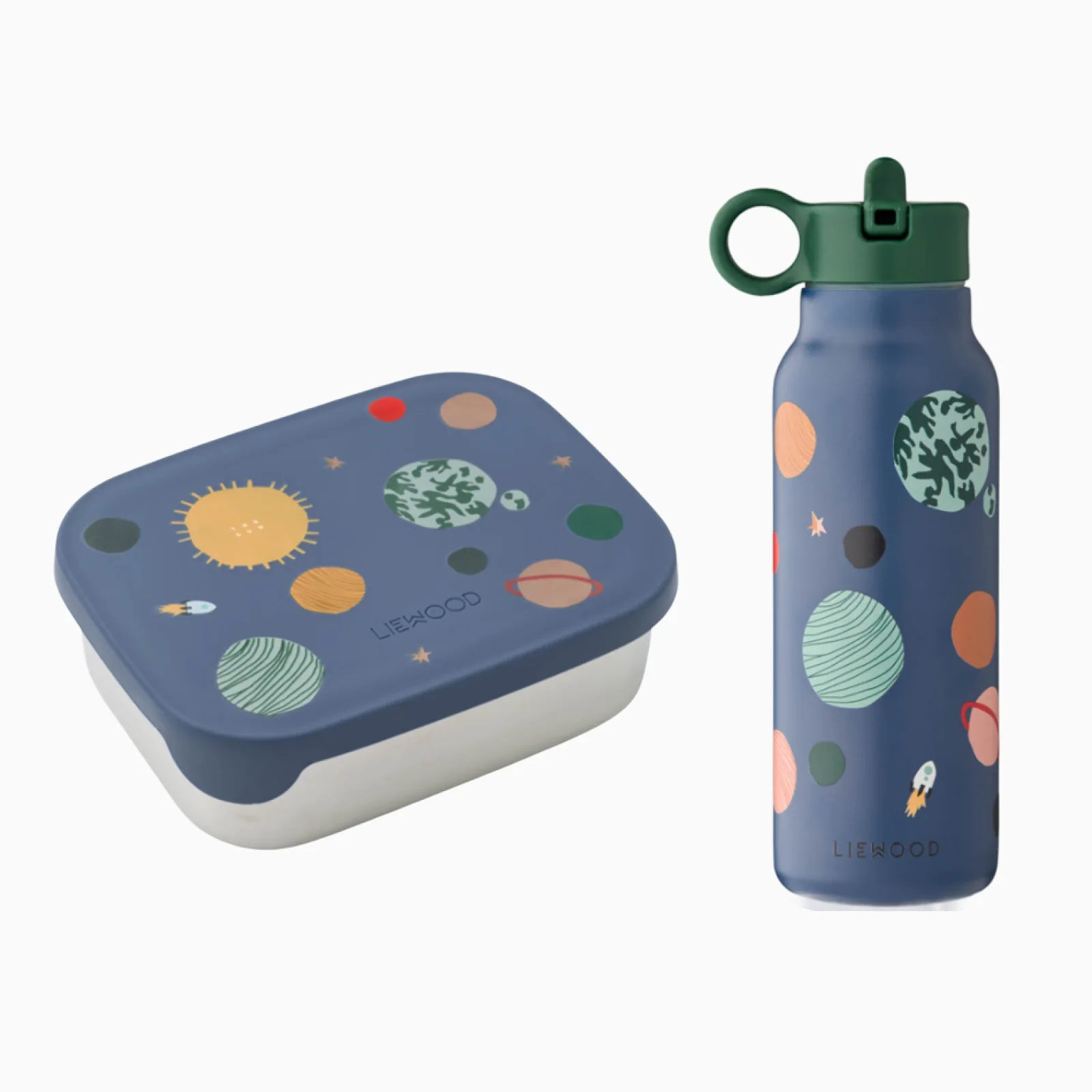 Liewood Arthur lunchbox and Falk Water Bottle Set Universe print
