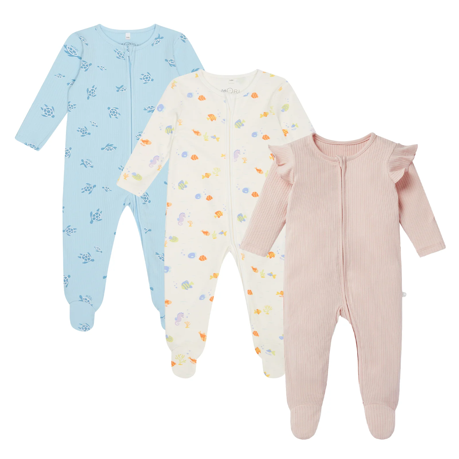 Little Fish, Turtles & Ribbed Frilled Clever Zip Sleepsuit 3 Pack