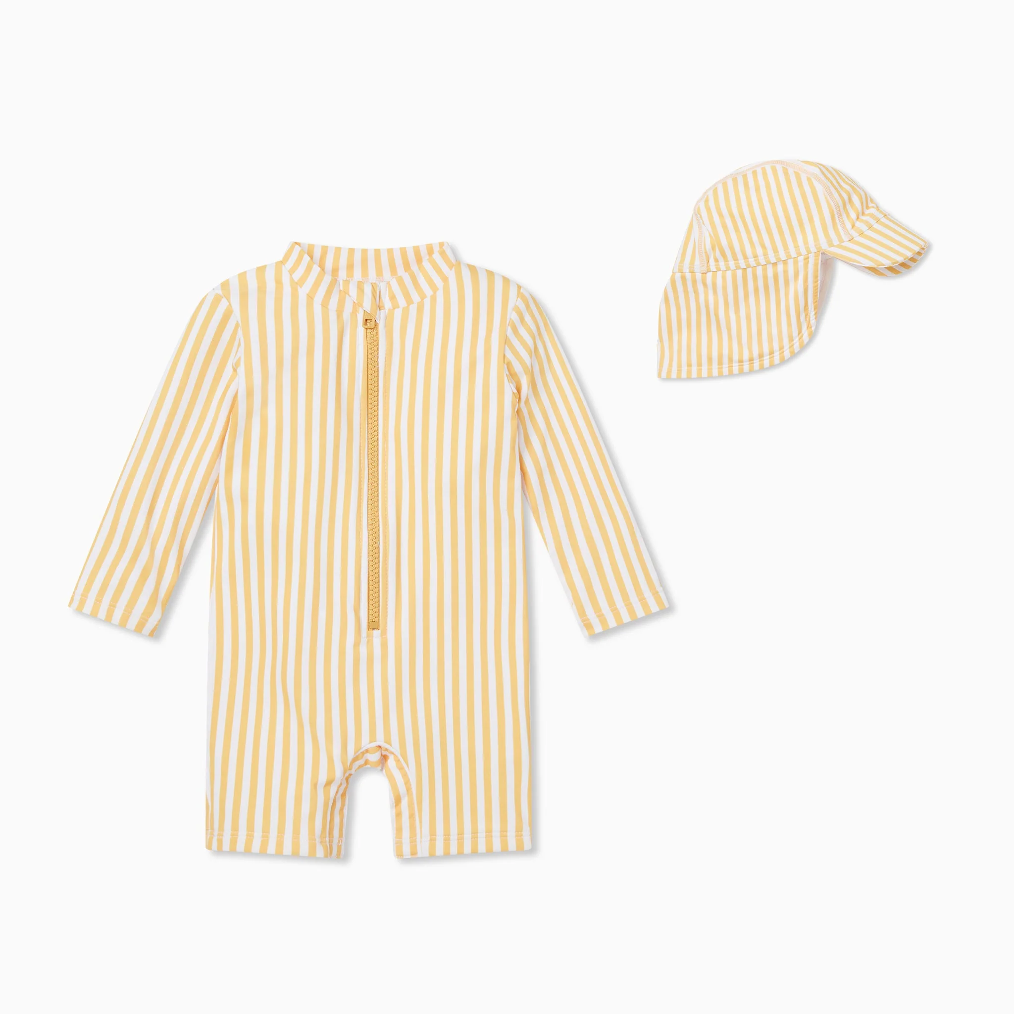 Mustard Stripe Sun Safe Suit & Swim Hat Set - Image 2