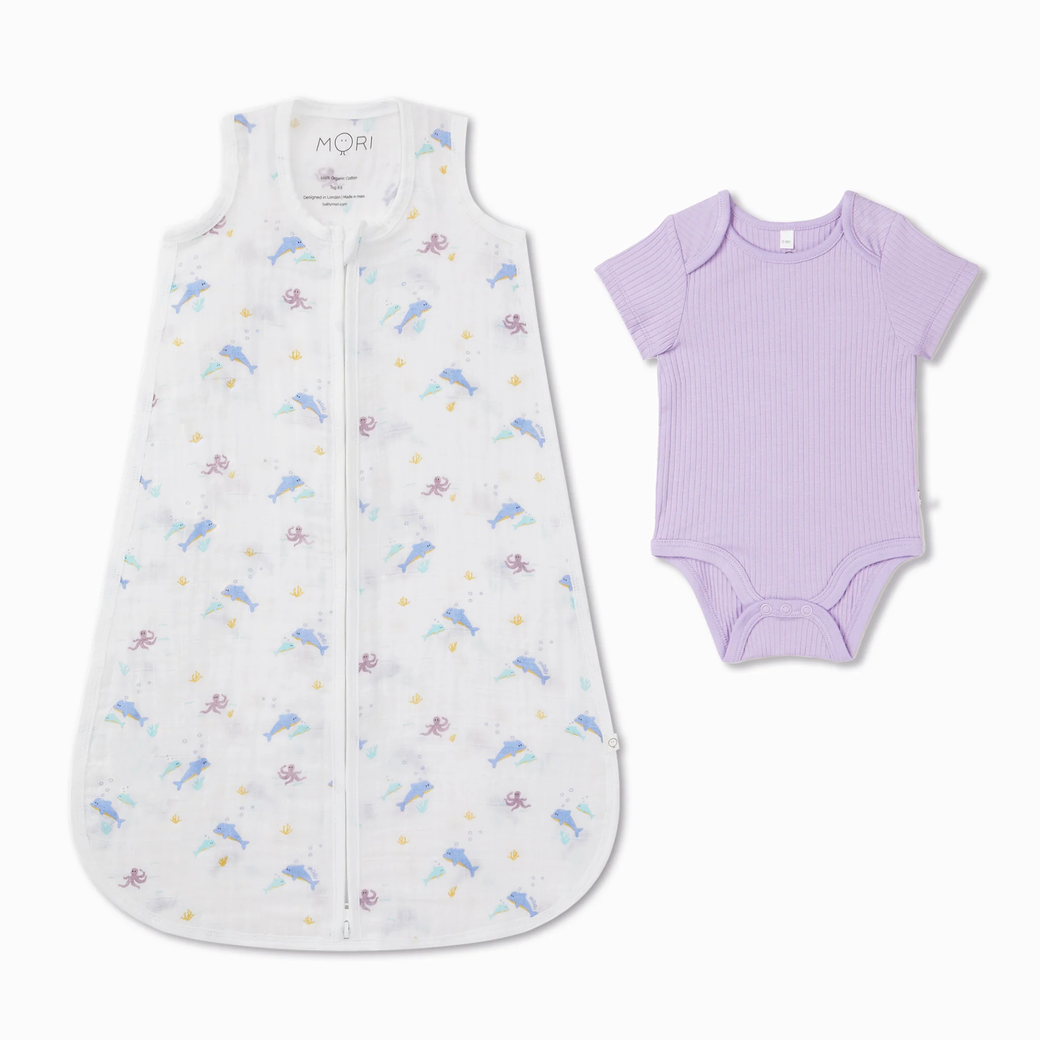 Ocean Muslin Sleeping Bag 0.5 TOG & Ribbed Bodysuit Set - Image 2