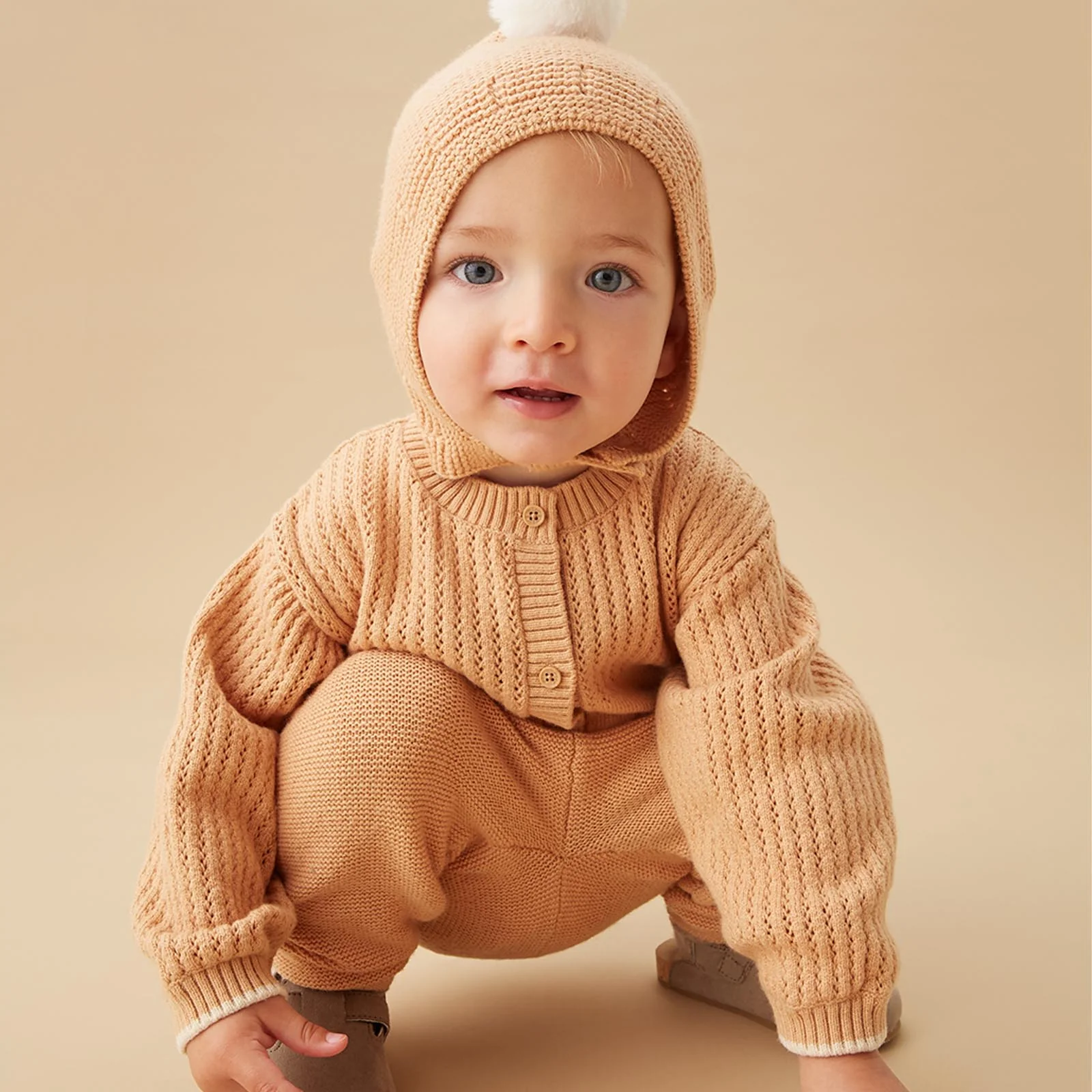 Pointelle Tan Knitted Cardigan & Leggings Outfit