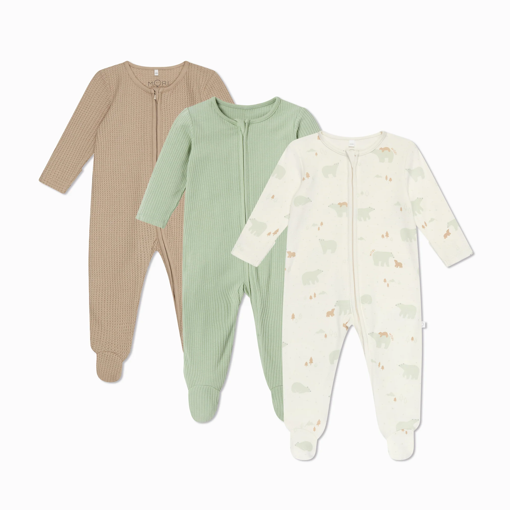 Polar Bear, Waffle & Ribbed Clever Zip Sleepsuit 3 Pack