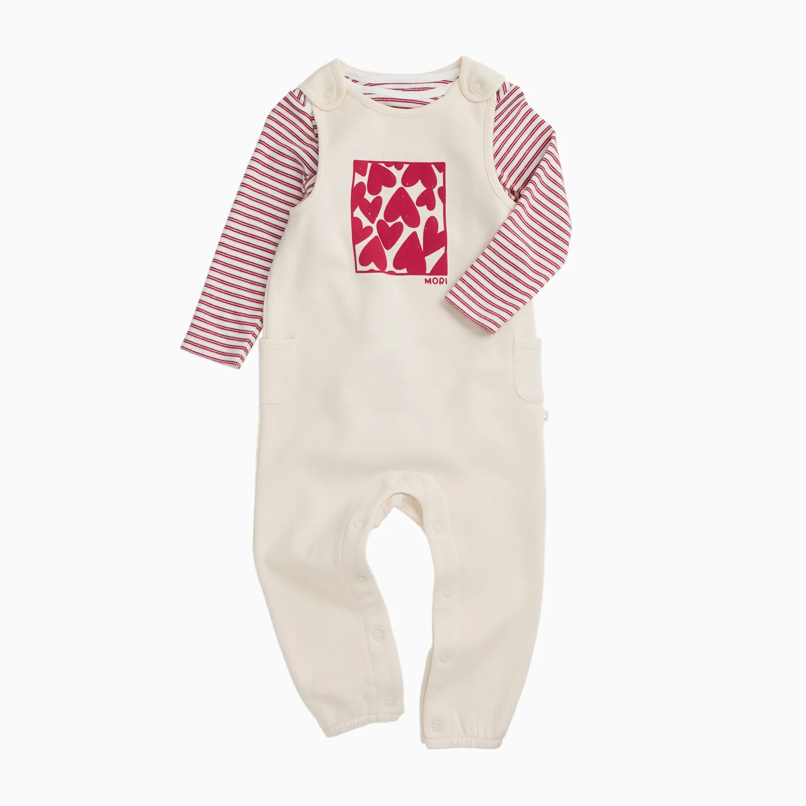 Red Stripe Bodysuit & Hearts Dungarees Outfit - Image 2