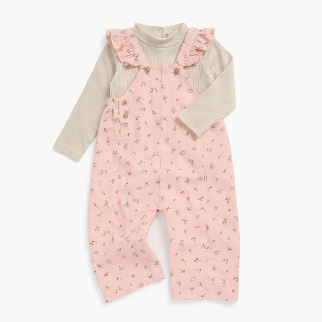 Ribbed Long Sleeve Bodysuit & Floral Frilled Soft Corduroy Dungarees Outfit