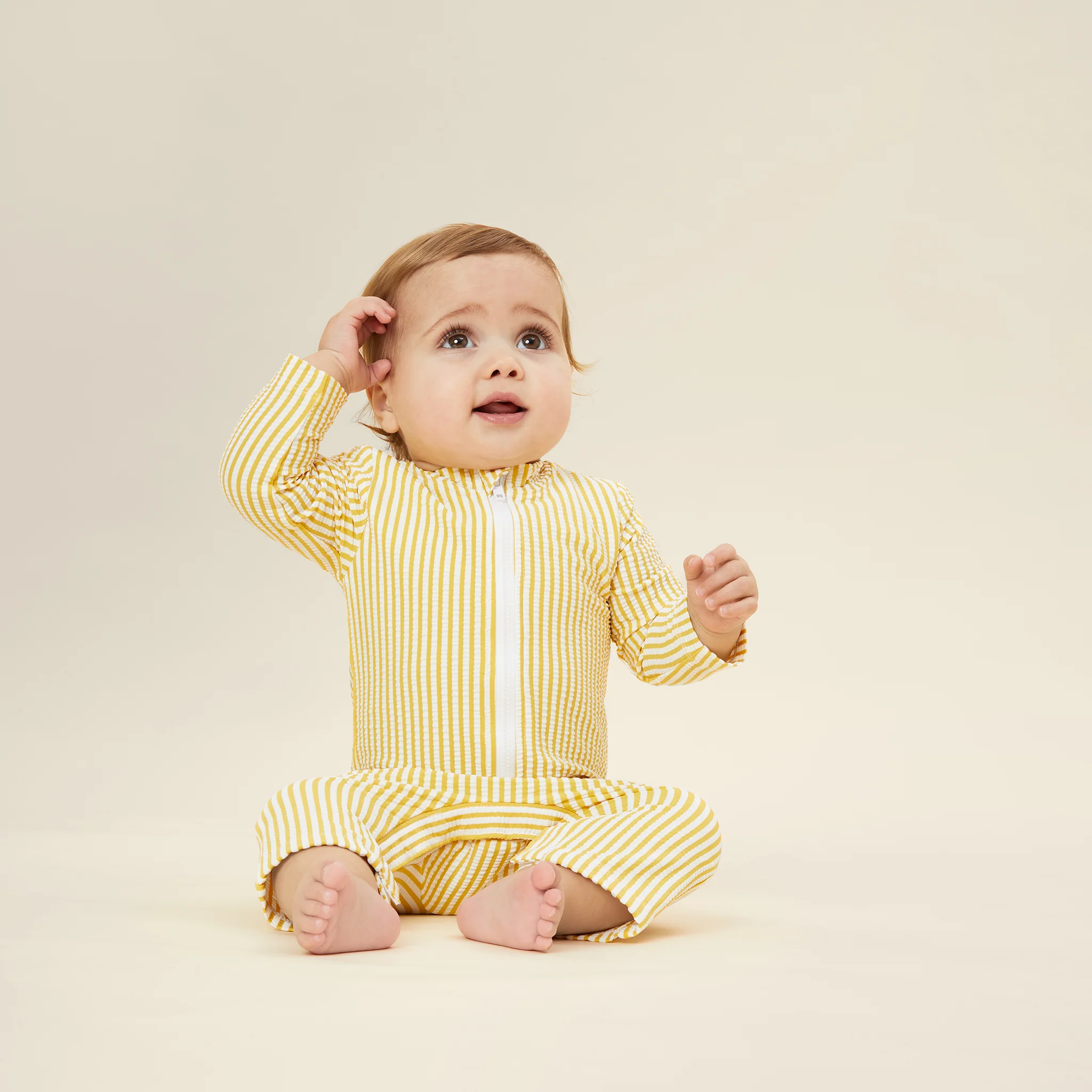 Seersucker Mustard Stripe Sun Safe Suit & Hat - Image 2