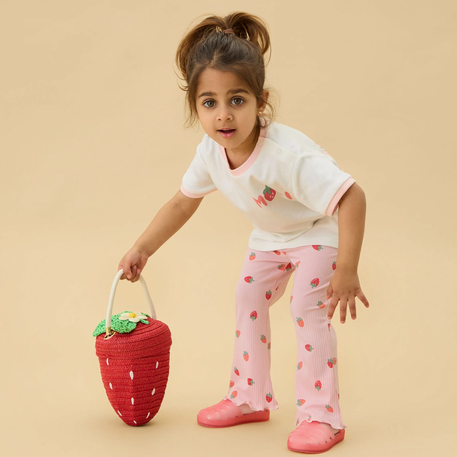Sweet Strawberry Oversized T-Shirt & Ribbed Flared Trousers Outfit